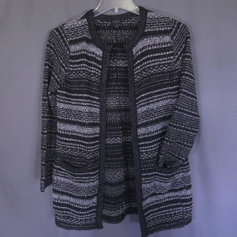Talbots Mixed Stitch Striped Cardigan Black Silver Size Medium Open Front